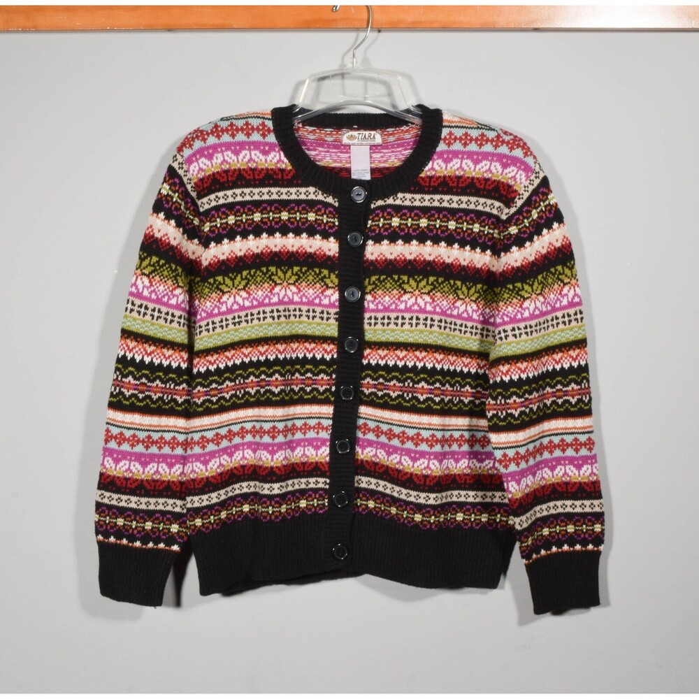 Vintage Y2K Tiara Black Fair Isle Button Up Shoulder Pad Cardigan Sweater Sz L